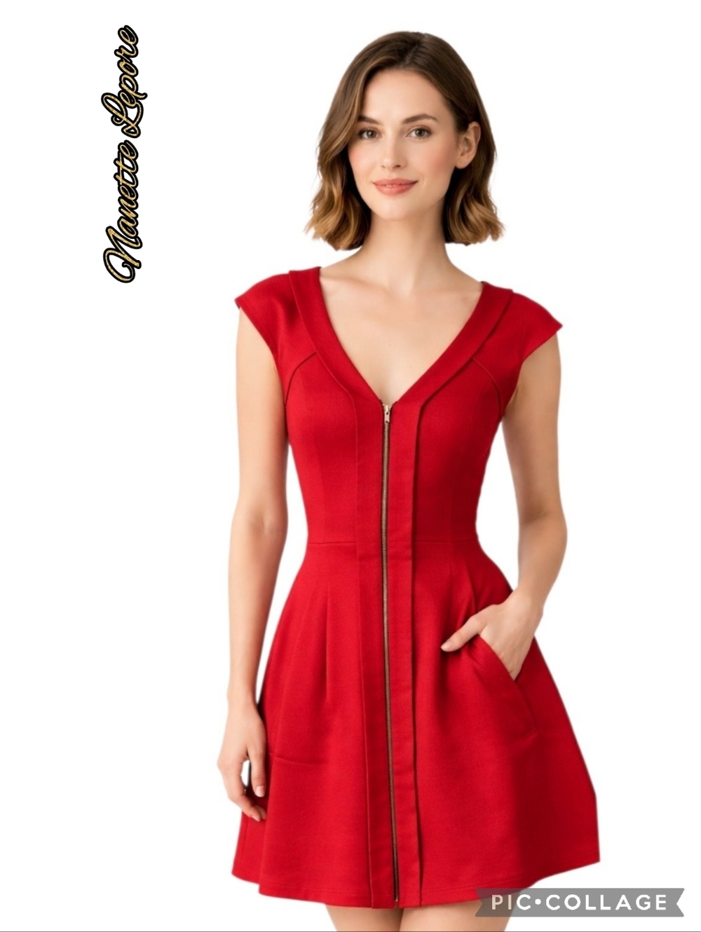 Nanette Lepore mini dress party flair deep red front zip pockets ribbed sz 10